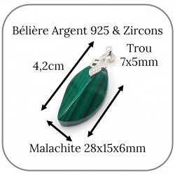 Pendentif Argent 925 Malachite Bélière Feuille avec Zircons